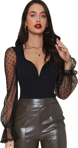 Vista 4 de Romwe Blusas elegantes de manga larga con volantes y cuello en V profundo para mujer