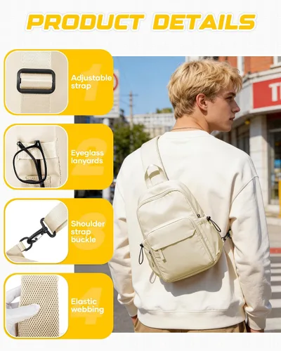 Vista 6 de SEAFEW Small Beige Sling Backpack Travel Hiking Daypack, Crossbody Sling Bag with USB Charging Port for Men Women 3 Layer Pockets One Shoulder Bag
