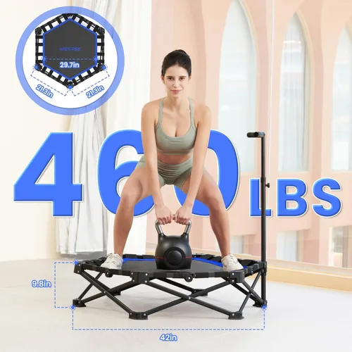 Vista 2 de HXD-ERGO - Minitrampolín plegable de 42 pulgadas, cama elástica con mango de espuma ajustable, trampolín de fitness para interiores, exteriores Azul