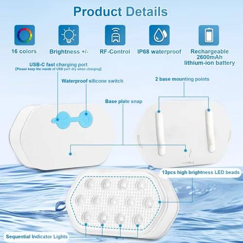 Vista 4 de QOLNBY - Luces de piscina con control remoto, batería de 2600mAh, impermeables IP68 de 16 colores para bañera de hidromasaje y piscina enterrada - 1