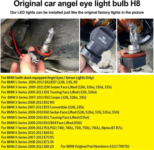 Vista 2 de H8 LED Focos de ojos de ángel con halo Compatible para BMW E60 E61 E63 E64 E70 E90 E92 E70 E71 E82 E87 E89 1 3 5 Series X5/6 Z4/7 Lámpara de xenón