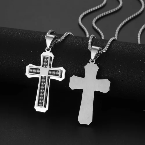 Vista 4 de Collar con colgante de cruz de Jesucristo grande de acero inoxidable para hombre con cadena bizantina de 22, 24, 26 pulgadas, negrodoradoplata