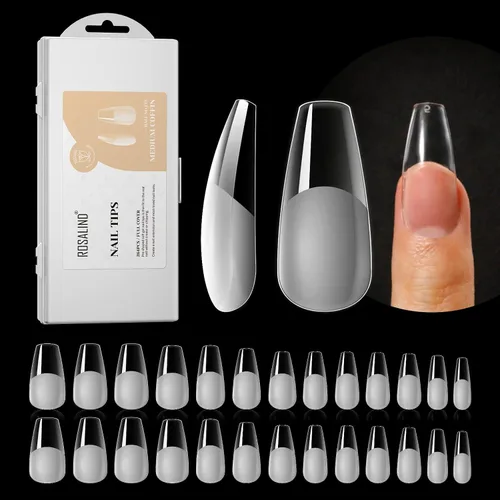 Vista 13 de ROSALND - 264 puntas de uñas postizas largas transparentes con forma de ataúd, uñas postizas acrílicas de cobertura completa con caja, 12 tamaños