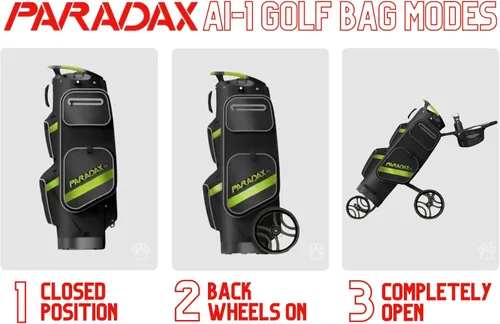 Vista 4 de PARADAX Bolsa de golf todo en uno A1-1 - Carrito integrado dentro de la bolsa. El carrito se esconde dentro de la bolsa de golf en cuestión