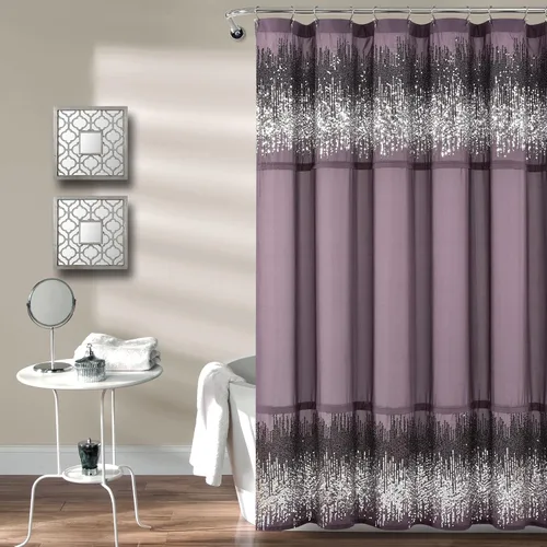 Vista 5 de Lush Decor 1 cortina de ducha con lentejuelas brillantes, diseño elegante y brillante para baño, 70 x 72 pulgadas, plateado y blanco, 70 x 72
