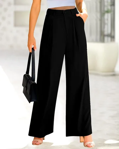 Vista 2 de BTFBM Pantalones largos tipo palazzo de cintura alta para mujer, de pierna ancha, con botones, holgados, para negocios, trabajo, oficina