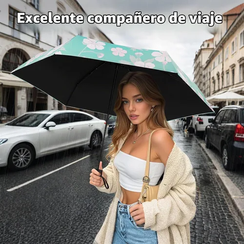 Vista 6 de Yoobure Mini Travel Umbrella with Case, Compact Folding Umbrella Flor de melocotón azul