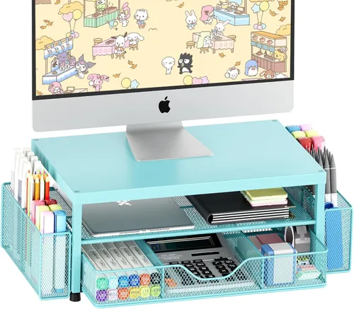 Vista 8 de OPNICE Soporte elevador de monitor doble con cajón y 2 soportes para bolígrafos, organizador de escritorio para suministros de oficina, soporte