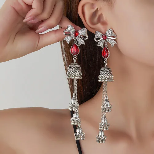Vista 2 de Aretes de lazo vintage Jhumkas para mujer, bohemios, hechos a mano, étnicos, antiguos, tradicionales, de plata, con lazo, joyería india Jhumki