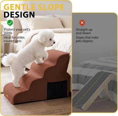 Vista 4 de Escaleras de 4 escalones para perros pequeños, escalones de espuma antideslizante para mascotas para camas altas Marrón