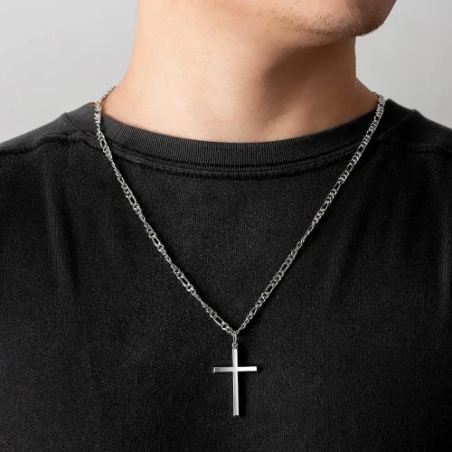 Vista 2 de FANCIME White Gold Plated 925 Sterling Silver Cross Pendant Necklace With 4MM Figaro Solid Curb Link Chain Gifts for Him Men, 24-INCH