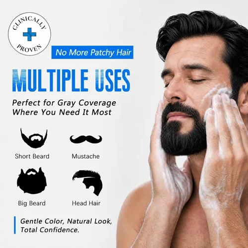 Vista 6 de Champú de tinte para barba y cabello negro para hombre 3 en 1, colorante herbario de larga duración para cabello gris, bigote y barba en minutos