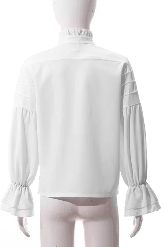 Vista 4 de Camisa de pirata para niños, blusa victoriana renacentista de vampiro, camiseta con cuello de vuelta, camiseta para fiesta de Halloween, Blanco B