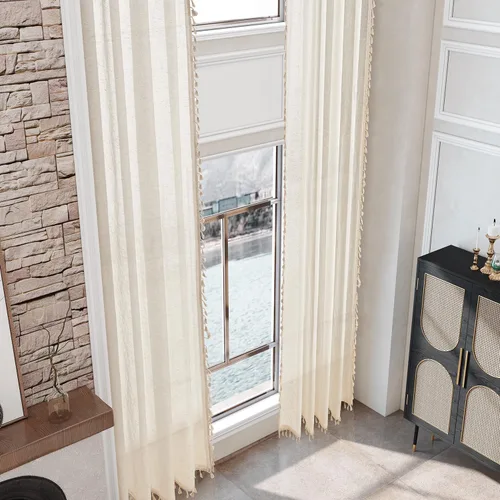 Vista 2 de Sanceor Cortina bohemia extra larga transparente con bolsillo para barra, 1 panel de 120 pulgadas de largo, mezcla de lino natural de 2 pisos