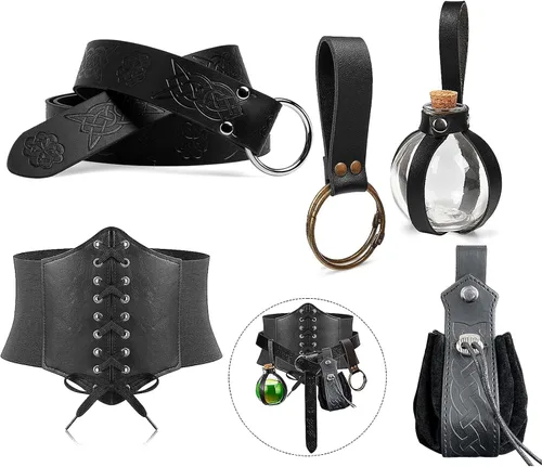Vista 3 de SUMGOGO 5 piezas Cinturón de corsé Renacentista, cinturón medieval, bolsa de cinturón renacentista, botella de corcho de poción, accesorio de Negro