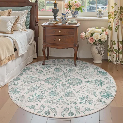 Vista 277 de jinchan Lima - Alfombra simétrica floral geométrica lavable, alfombra de entrada de medio círculo de 2 x 3, alfombra de media luna, suave y Azul