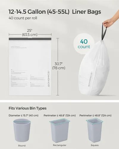 Vista 8 de SONGMICS Bolsas de basura para botes de basura de 12-14.5 galones (45-55 litros), 120 bolsas de basura con cordón para cocina, preseparadas, código