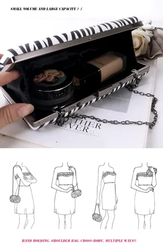 Vista 2 de Bolsos de noche para mujer, con patrón de cebra negro y blanco, bolso cruzado con correa de cadena para fiesta