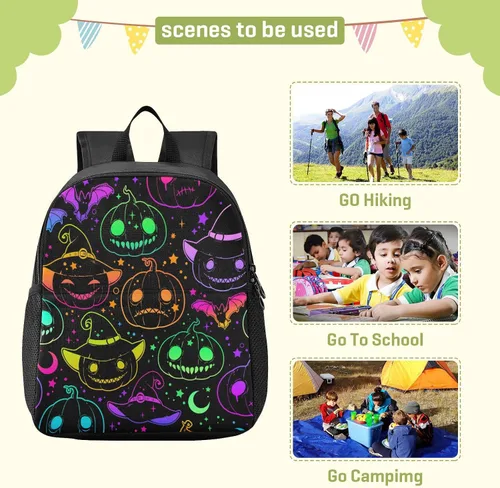 Vista 3 de Mochila colorida de calabaza de Halloween para niños pequeños, mini mochila impermeable para niños y niñas, mochila pequeña linda para jardín