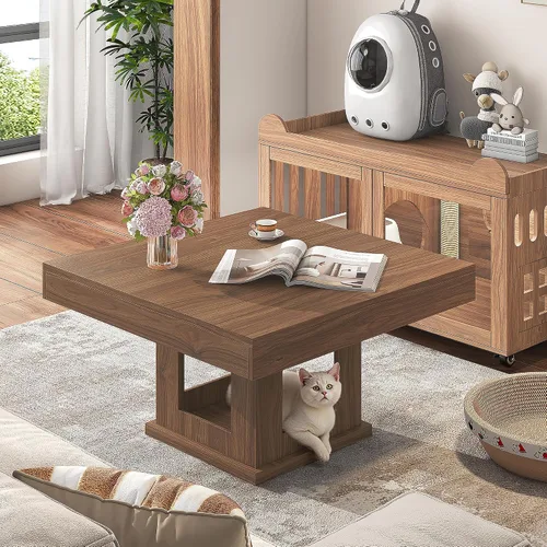 Vista 9 de [Usado] knoworld Mesa auxiliar cuadrada, mesa de centro de madera con almacenamiento y casa para gatos, mesa de cóctel marrón rústica para sala