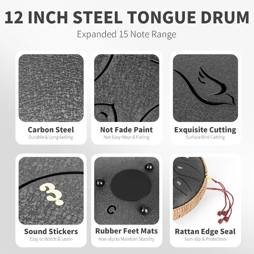 Vista 2 de Tambor de Lengua de Acero, 12 Pulgadas 15 Notas Tambores de Lengua, Tambores Handpan Instrumento de Percusión para Niños y Adultos, Tambor de Mano