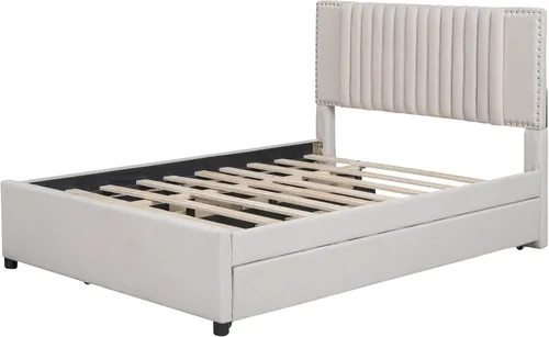 Vista 6 de MERITLINE Base de cama de tamaño matrimonial de madera con nido y cajones de almacenamiento, plataforma tapizada con cabecera y soporte de listones