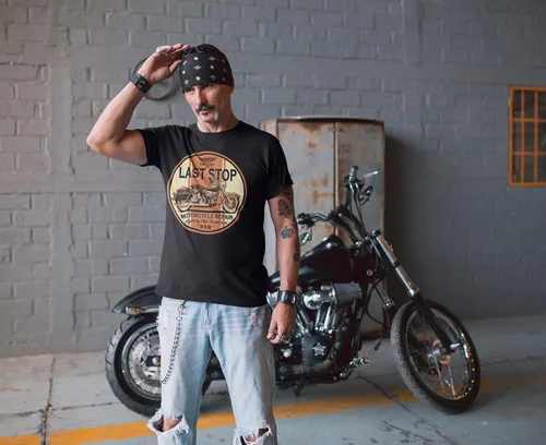 Vista 6 de Camiseta de moto Last Stop Biker Rider Route 66 Harley Vintage Mens Black Tee