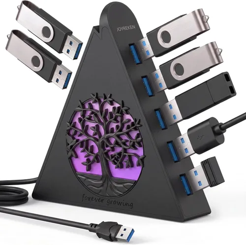 Vista 11 de Hub USB 3.0 de 7 puertos, divisor de USB vertical con iluminación RGB, transferencia de datos de alta velocidad de 5 Gbps y cable de extensión de 2
