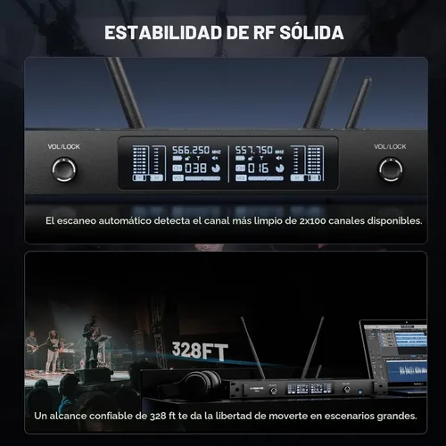 Vista 7 de Phenyx Pro UHF Sistema de Micrófono Inalámbrico Inteligente, Micrófonos Inalámbricos Duales con Escaneo y Sincronización Automática, Potencia de RF