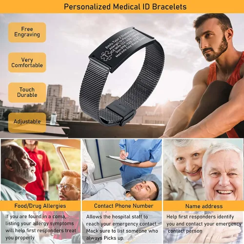 Vista 2 de VNOX Medical Alert Bracelets for Men & Women Kids with Free Engraving Adjustable Stainless Steel Mesh Emergency Medical ID Bracelets Wristband