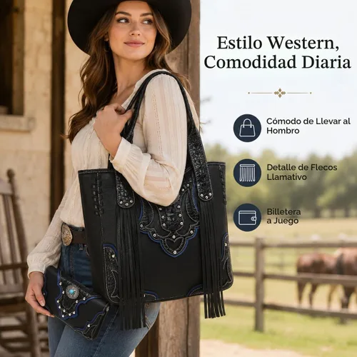 Vista 4 de Estilo occidental vaquera tejida con flecos de cocodrilo magnífico monedero conchos Tote Country Women bolso bolso hombro cartera conjunto 1 juego