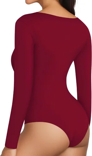 Vista 4 de MANGOPOP Body de doble forro fruncido para mujer, manga larga, cuello redondo, cuello cuadrado, camisas básicas