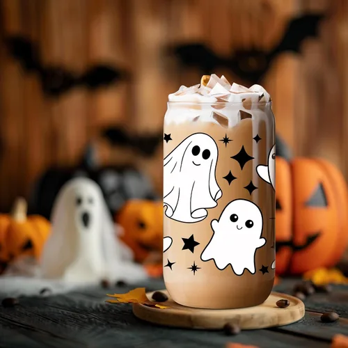 Vista 8 de Coolife Taza fantasma de Halloween, vaso de vidrio de 16 onzas con tapas y pajitas, taza de café helado espeluznante para batidos, bonitos regalos