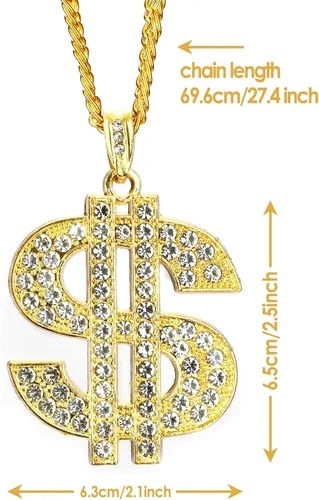 Vista 2 de Hip Hop Cadena de oro larga chapada en oro, accesorios para hombre, collares con signo de dólar, collar de dinero, cadena de oro falsa