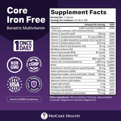Vista 3 de Procare Health Multivitamínico bariátrico sin hierro (30 cápsulas vegetales de disolución rápida) – Vitaminas bariátricas para manga gástrica