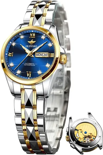 Vista 16 de OLEVS Reloj automático para mujer, color azul, dos tonos, fecha, reloj mecánico, calendario, reloj de pulsera impermeable con diamantes