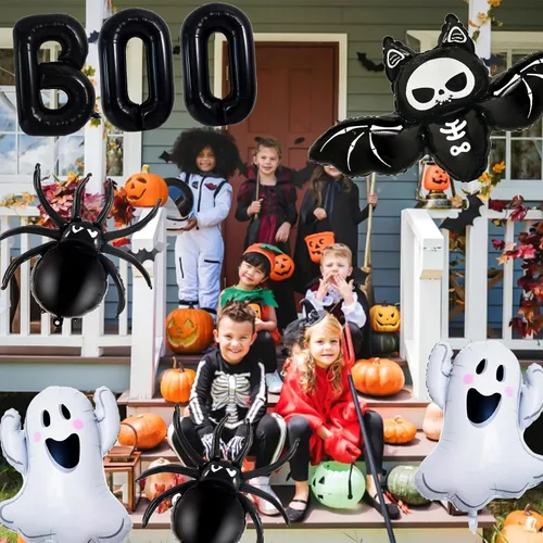 Vista 3 de Decoraciones de globos de Halloween, letras de abucheo negro, fantasma, murciélago, globo de lámina de araña para decoraciones de fiesta de Halloween