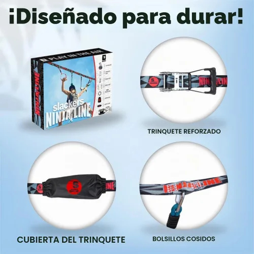 Vista 3 de Slackers Ninjaline – Kit de introducción de 36 pies – Incluye 7 accesorios para colgar – El mejor equipo de entrenamiento de guerrero ninja