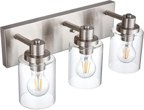 Vista 2 de Lámpara de tocador de baño de 3 luces de níquel cepillado, accesorios de iluminación sobre espejo con pantalla de vidrio transparente, modernos