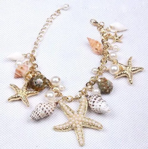 Vista 3 de Nueva caliente Chunky Sea Shell Estrella de mar perla sintética oro Declaración CollarPulsera Jewelry Set (wp-f257)