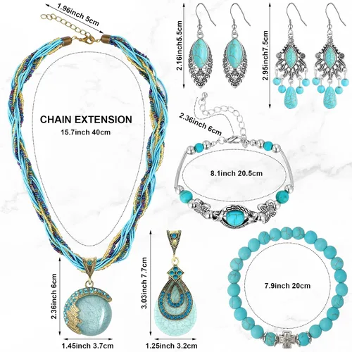 Vista 2 de MTLEE Conjunto de 16 piezas de turquesa bohemia, collar con colgante de turquesa bohemia, aretes colgantes de turquesa, pulsera elástica
