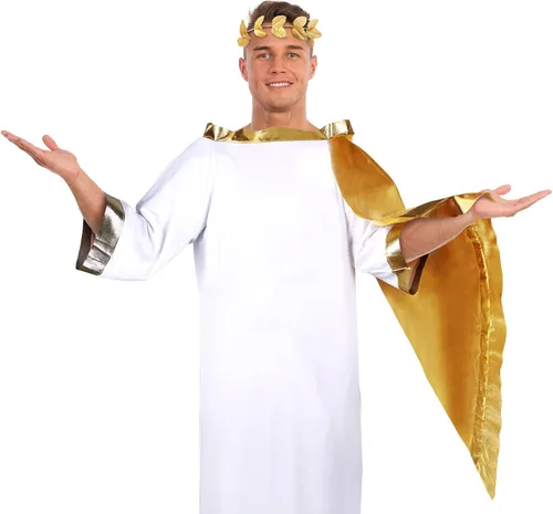 Vista 6 de SATINIOR Disfraz de Dios griego Toga romano blanco disfraz de Toga para adultos túnica con corona de hojas tocado de corona de laurel dorado