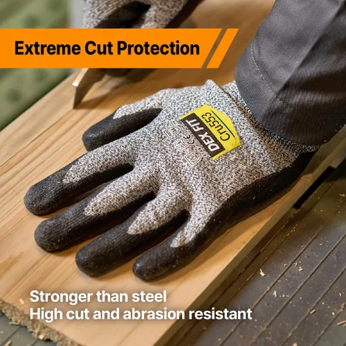 Vista 4 de DEX FIT Guantes Resistentes a Cortes Extremos Nivel 5 Cru553 Delgados, Agarre de Potencia Antideslizante, Ajuste Cómodo 3D de Grado Profesional