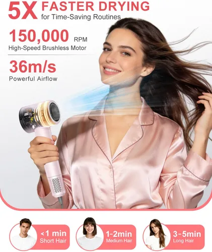Vista 2 de Ionic - Secador de pelo, 150,000 RPM de alta velocidad profesional para secado rápido, iones negativos de 1,640.4 ft y control térmico, boquilla Rosa