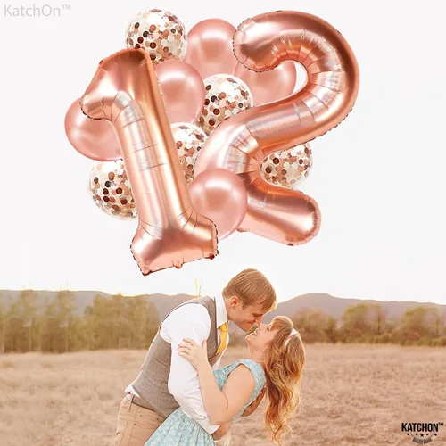 Vista 8 de KatchOn, Globo del número 12, globos de aluminio de Mylar de oro rosa de 40 pulgadas Globos gigantes del número 1 y 2 con 5 globos de látex y 5