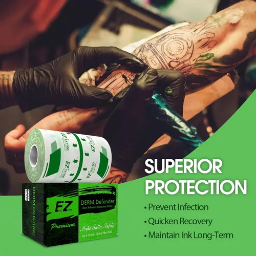 Vista 5 de EZ Derm Defender Roll, vendaje impermeable para cuidado posterior del tatuaje, 4 pulgadas x 10.9 yardas, película transparente para vendaje