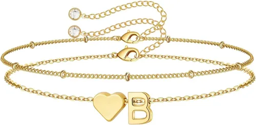 Vista 39 de M MOOHAM Pulseras de oro con inicial de corazón para mujer, pulseras con dije de letra A-Z de corazón dorado en capas para mujer, pulseras