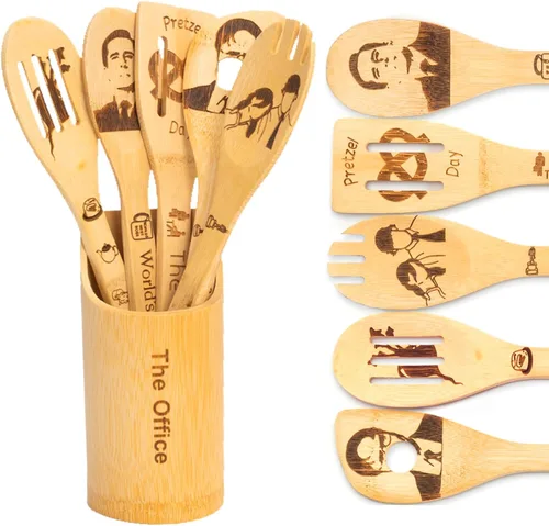 Vista 8 de Friends - Cucharas de madera para cocinar, juego de utensilios de cocina de 6 piezas con soporte, regalos para fanáticos, productos de programas