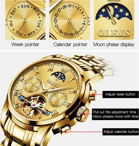 Vista 4 de OLEVS Reloj automático de lujo sin batería reloj de pulsera mecánico impermeable de acero inoxidable Tourbillon esqueleto de pulsera ajustable