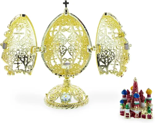 Vista 4 de BestPysanky Estatuilla dorada de huevo de Pascua de la iglesia ortodoxa Bejeweled